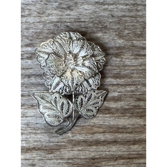 Vintage 925 Silver Filigree Flower Brooch Pin - Picture 2 of 6